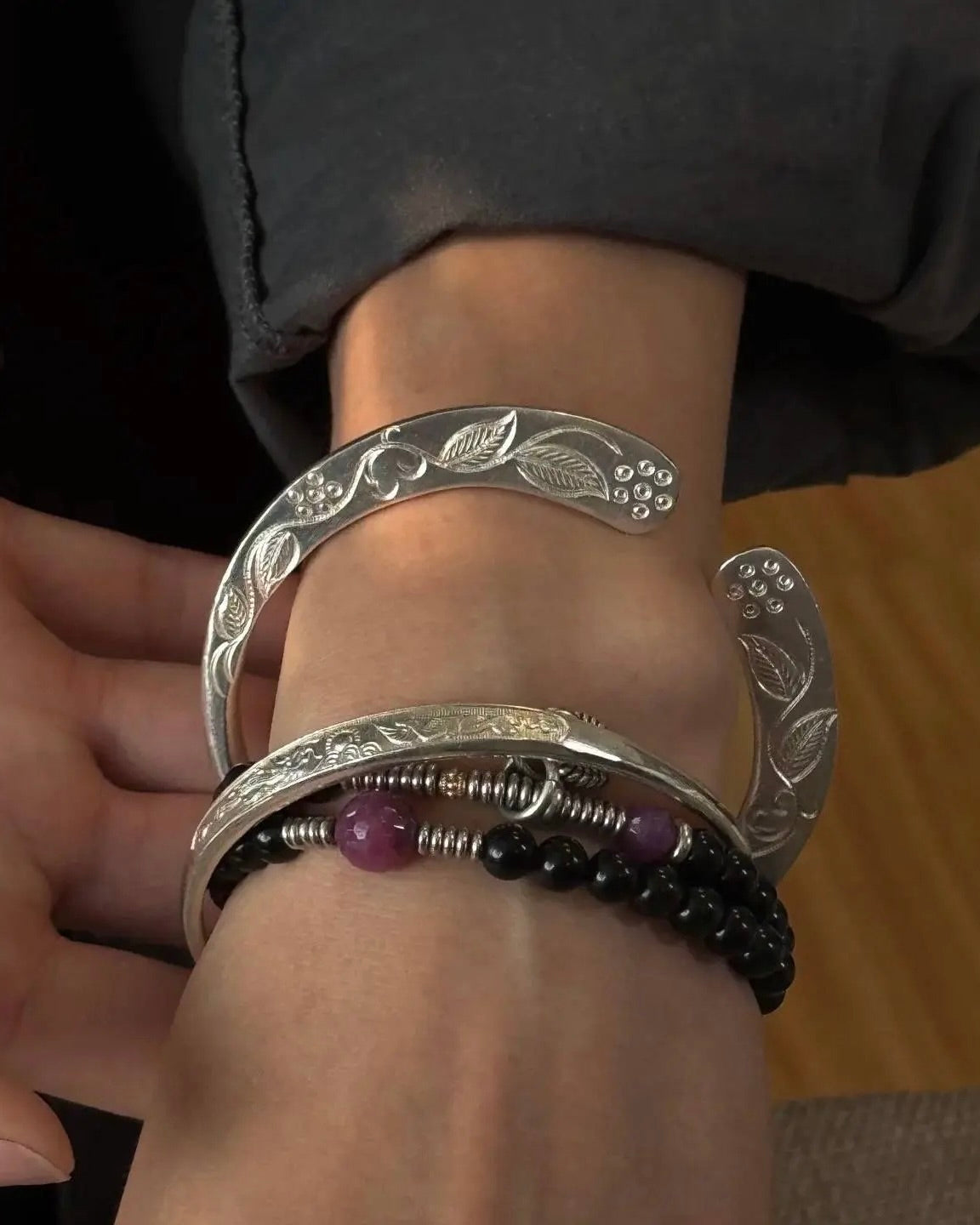 Miao Silver Cuff Bracelet – Hand-Engraved 999 Fine Silver Inspired by Trumpet Vine & Cicada Song
