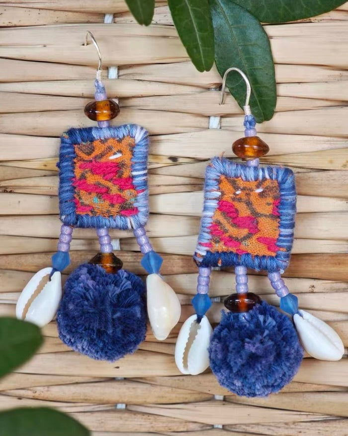 Boho Vintage Handmade Earrings – Indian Vintage Textile with Sashiko Embroidery, Shells & Tassel Accents