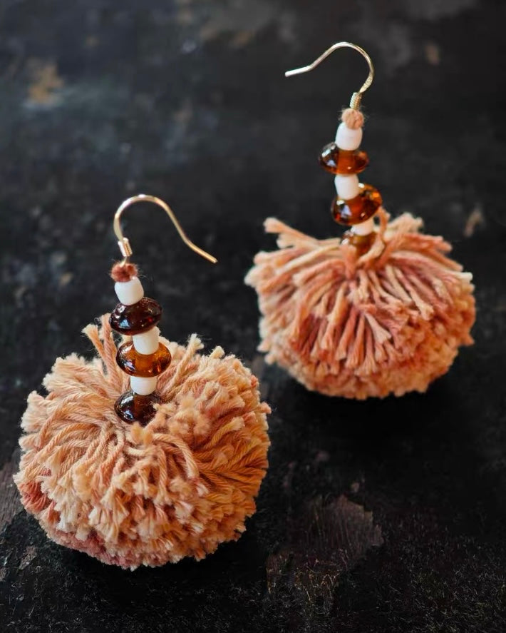 Boho Vintage Handmade Earrings – Indian Vintage Textile with Sashiko Embroidery, Shells & Tassel Accents
