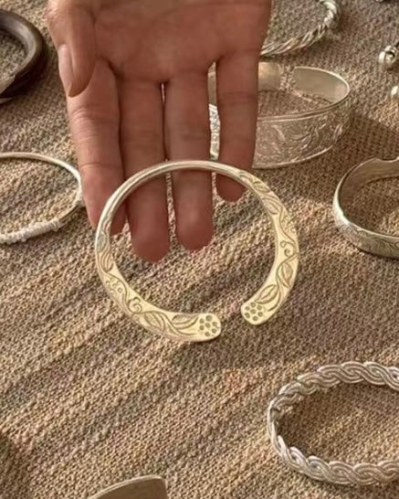 Miao Silver Cuff Bracelet – Hand-Engraved 999 Fine Silver Inspired by Trumpet Vine & Cicada Song