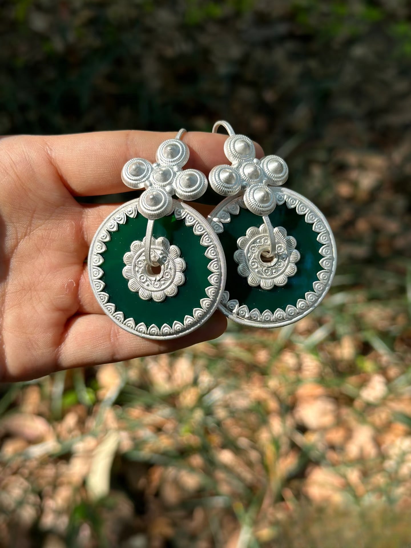 Handcrafted Yi Ethnic Large Silver Circular Earrings – Traditional Round Disk Design