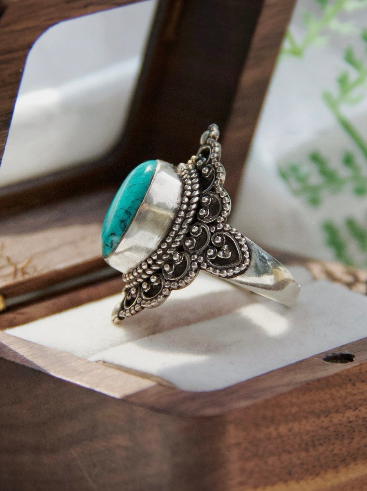 Turquoise Mandala Ring – Adjustable Silver Ring with Himalayan-Inspired Craftsmanship