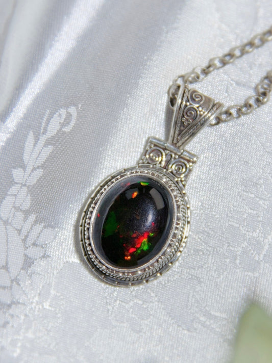 Black Opal Pendant – High-Fire Natural Gemstone, Handmade 925 Silver Necklace from Nepal