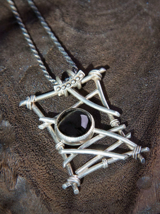Black Star Sapphire Pendant – Cross Asterism, Handmade 925 Silver Statement Necklace from Nepal